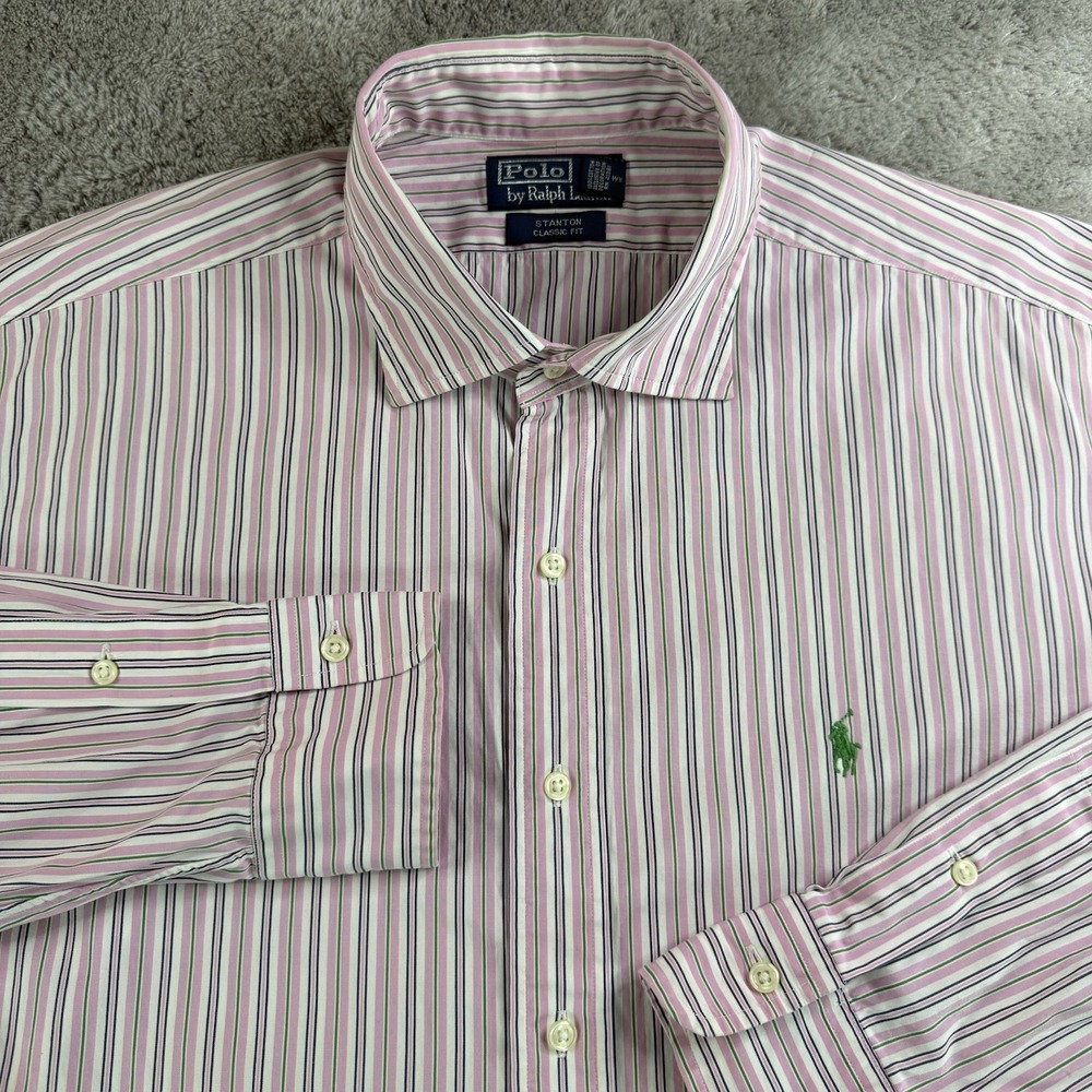 Polo Ralph Lauren Shirt Mens XL Pink Stripe Stanton Classic Fit Green Pony Logo